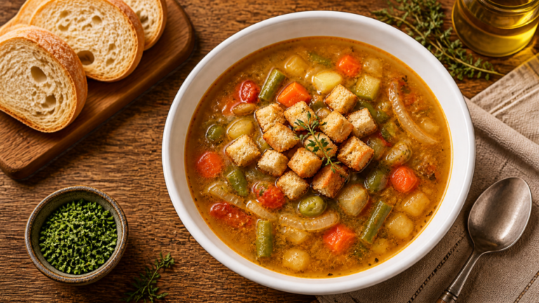Minestrone e crostini di pane raffermo all’aglio