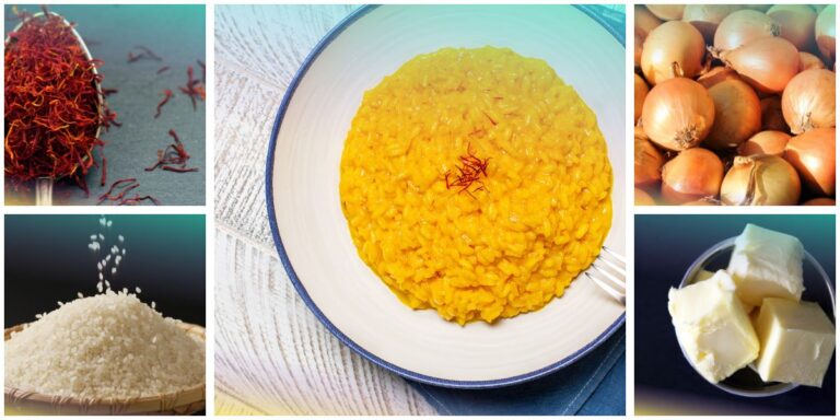Risotto alla milanese con pistilli di zafferano su un piatto, circondato da zafferano, riso, cipolle e burro