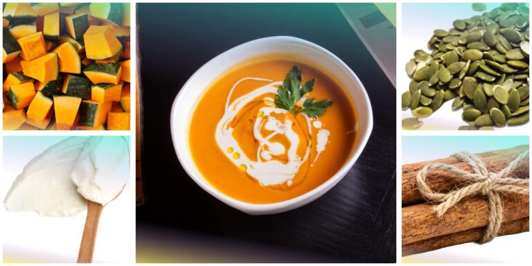 Vellutata di zucca con crema di ricotta, circondata da zucca a cubetti, ricotta, semi di zucca e cannella