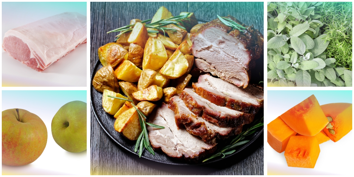 Arista di maiale arrosto con mele renette, zucca, patate ed erbe aromatiche