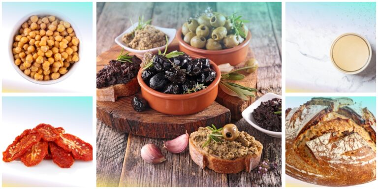 Canapè di pane Russello con hummus, capuliato e patè d'olive