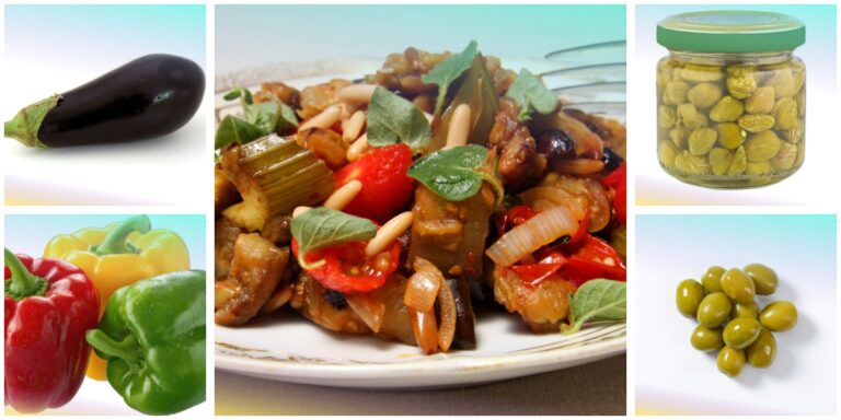 Caponata siciliana con melanzane, peperoni, capperi e olive