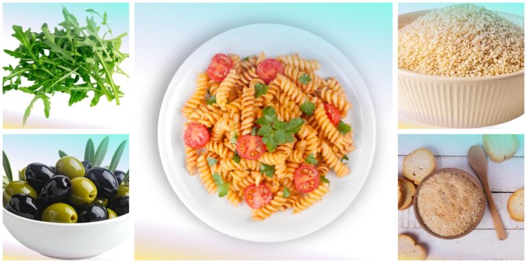 Cellentani con pomodori, rucola e briciole al sesamo, con rucola, olive taggiasche, sesamo e pane