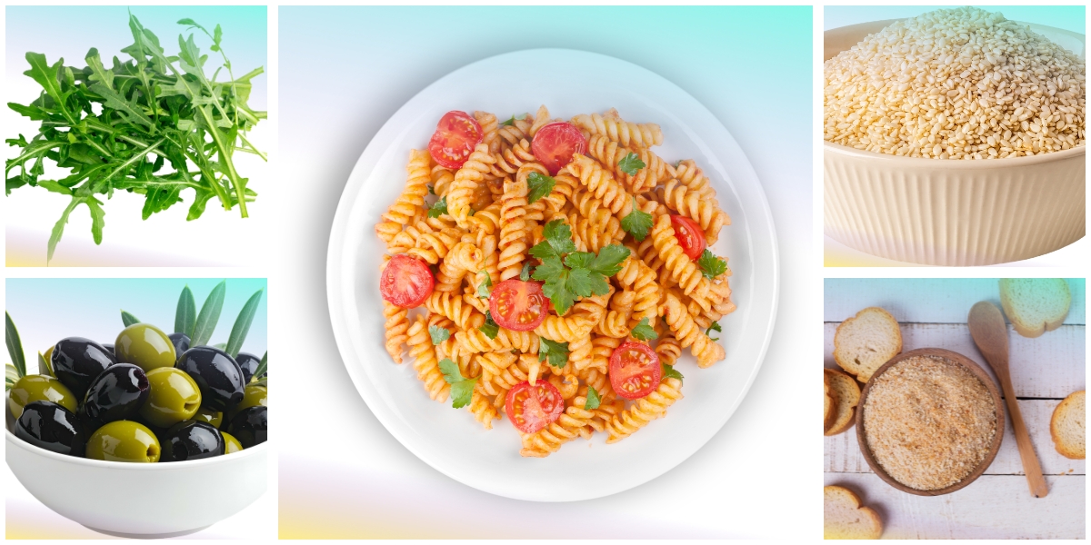 Cellentani con pomodori, rucola e briciole al sesamo, con rucola, olive taggiasche, sesamo e pane