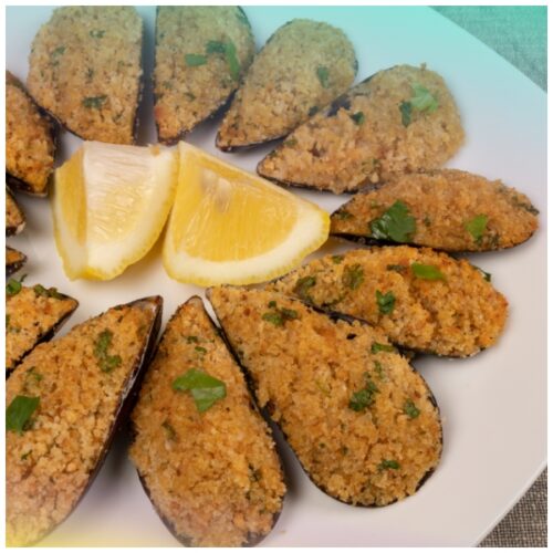 Cozze gratinate e melanzane impanate