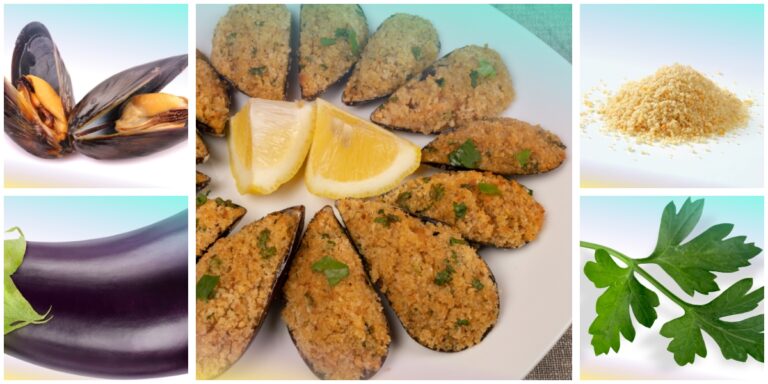 Cozze gratinate e melanzane impanate