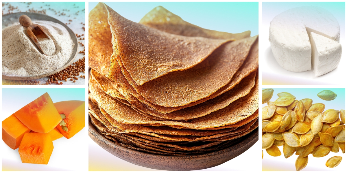 Crespelle di grano saraceno con zucca, ricotta e semi di zucca