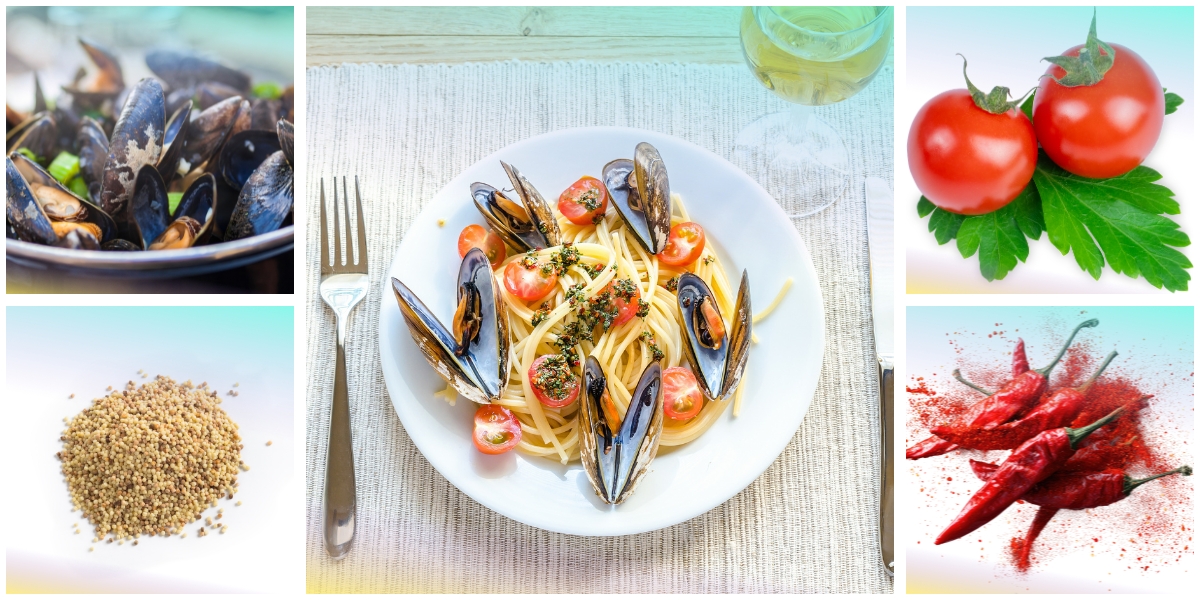 Fregola e cozze, con cozze, fregola sarda, pomodorini e prezzemolo