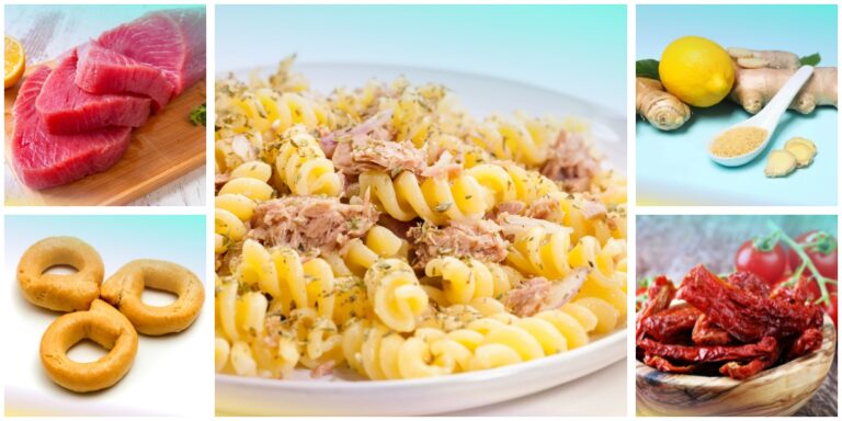 Fusilli al tonno fresco con taralli sbriciolati, con tonno, zenzero e limone, pomodori secchi