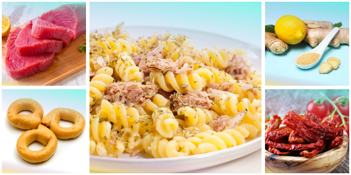Fusilli al tonno fresco con taralli sbriciolati, con tonno, zenzero e limone, pomodori secchi