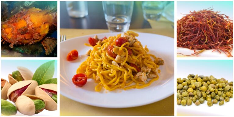 Mezzemaniche e scorfano con zafferano, pistacchi e capperi