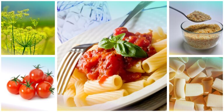 Paccheri al finocchietto selvatico e pomodorini di Pachino, con finocchietto, pomodorini, pane tostato e paccheri crudi