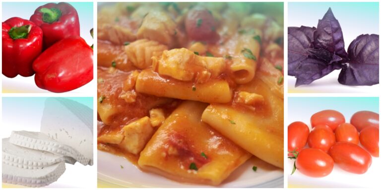 Paccheri con salsa di peperone e ricotta salata, con peperoni rossi, basilico rosso e pomodori