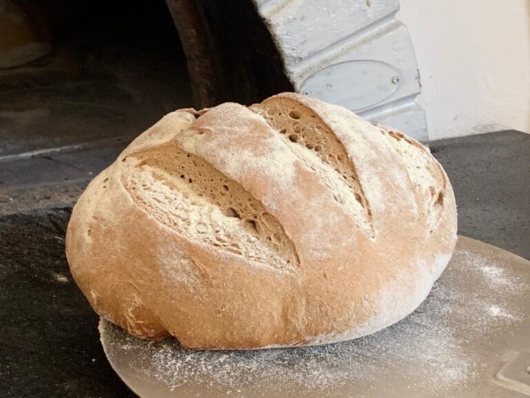 Pagnotta di pane a lievito madre con tagli sulla crosta, su una pala infarinata