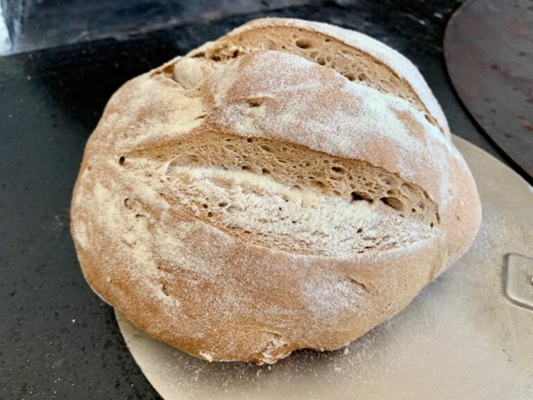 Pagnotta di pane a lievito madre appena cotta su una pala per il forno