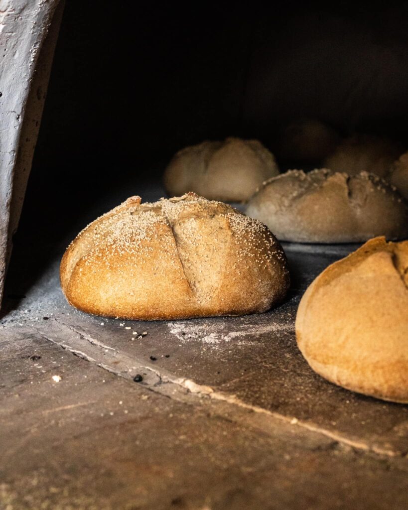 Pagnotte di pane a lievito madre durante la cottura nel forno a legna