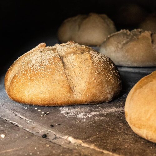 Pagnotte di pane a lievito madre nel forno a legna