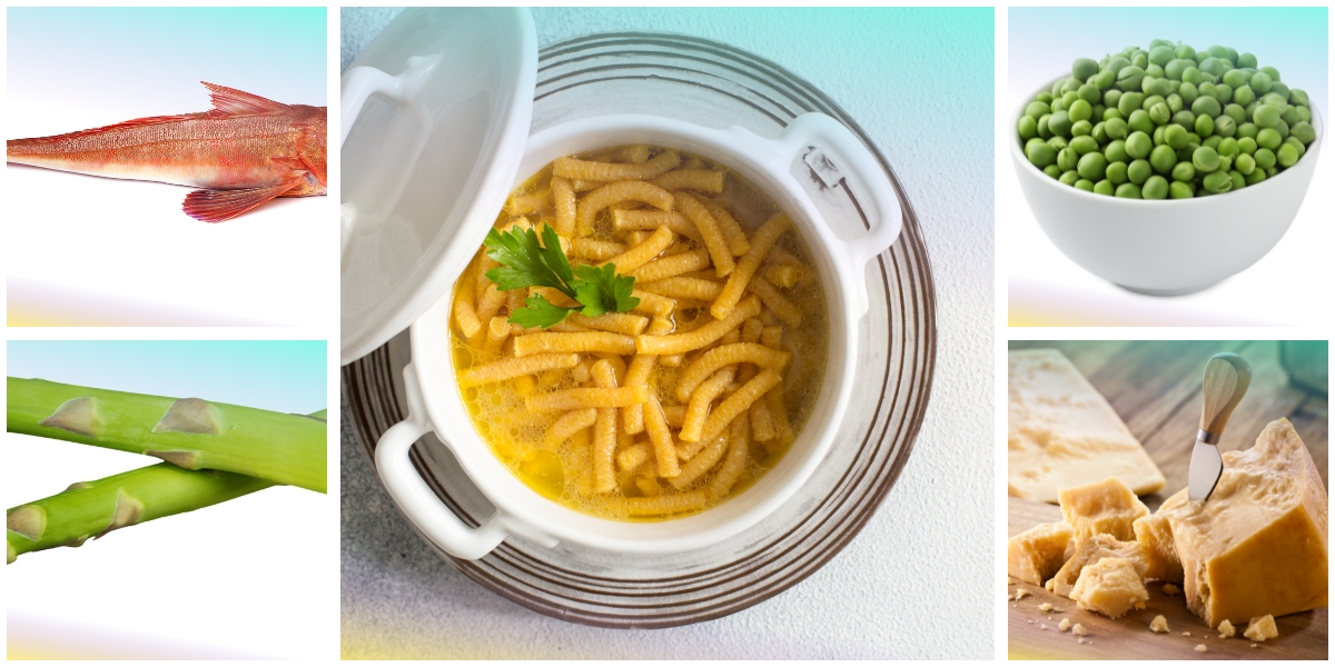 Passatelli in zuppetta di gallinella di mare e primizie di campo