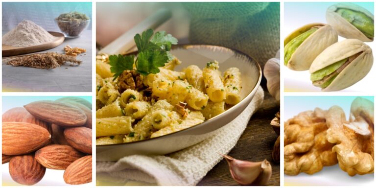 Pasta al farro con pesto di mandorle, pistacchi e noci