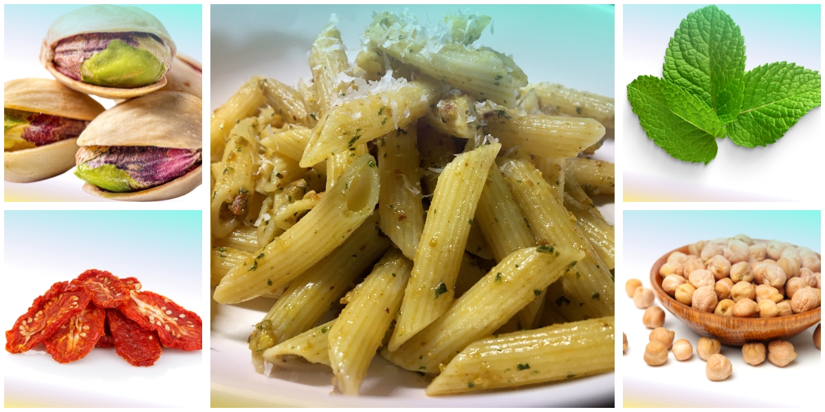 Pennette rigate al pesto di pistacchio e menta con falafel