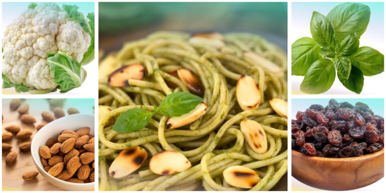 Pasta al pesto Donnafugata con cavolfiore, mandorle, basilico e uvetta