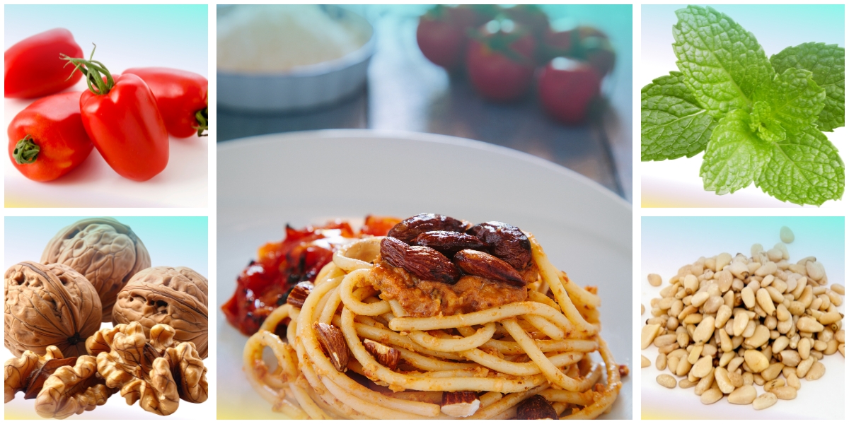 Pasta al pesto delle Lipari con pomodori San Marzano, mandorle, noci, pinoli e menta