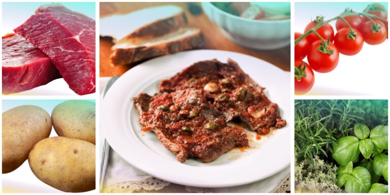 Pizzaiola di carne, con manzo, patate, pomodorini e erbe aromatiche