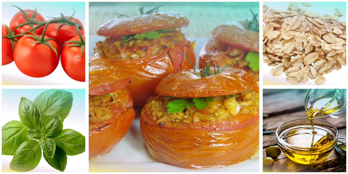 Pomodori gratinati ai fiocchi d'avena, con pomodori, basilico, fiocchi d'avena e olio extravergine