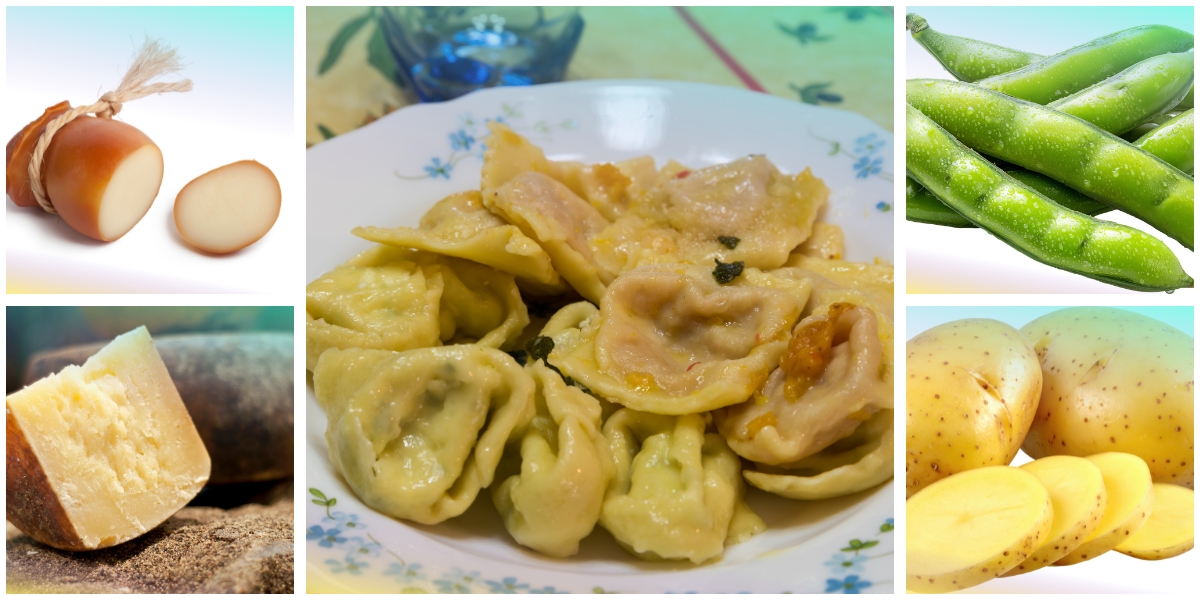 Ravioli di patate ripieni di scamorza affumicata con favette e fiore sardo