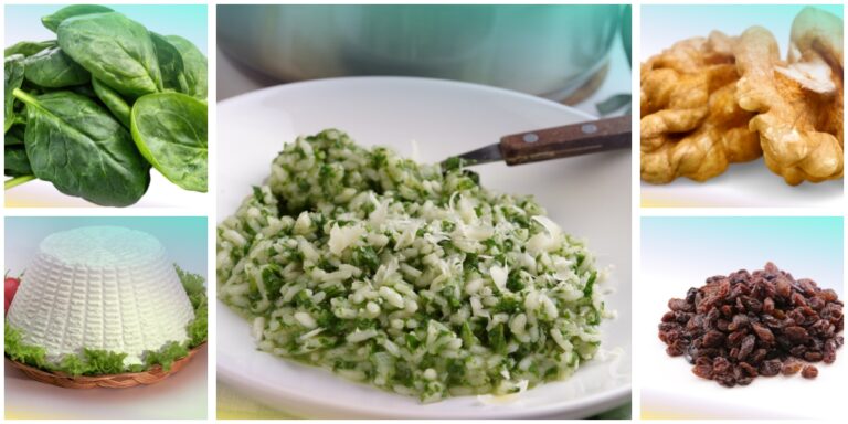 Riso spinaci, ricotta, noci e uva sultanina