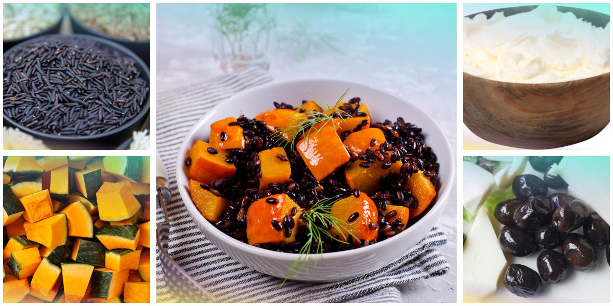 Mosaico con riso venere e zucca in una ciotola bianca al centro e, sui lati, riso nero, zucca a cubetti, ricotta e olive nere