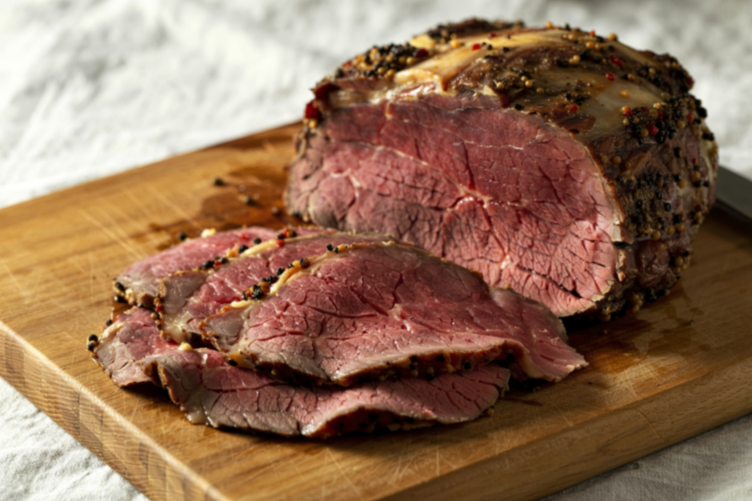 Roast beef con crosta di pepe e senape in grani, affettato su un tagliere di legno