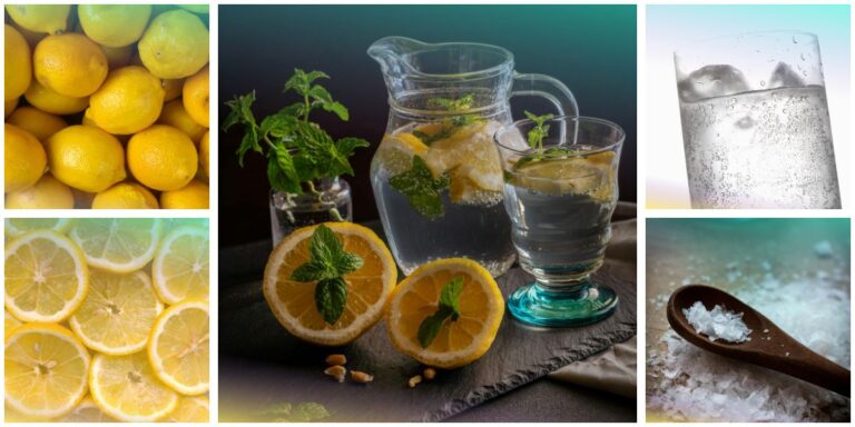 Brocca e bicchiere di acqua con fette di limone e menta, circondati da limoni, fette di limone, acqua frizzante e sale