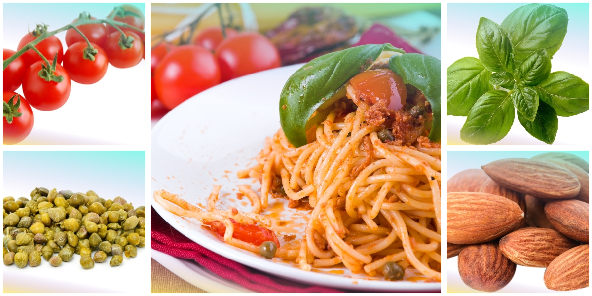 Spaghetti con pomodorini e pesto all'eoliana, con pomodorini, capperi, basilico e mandorle