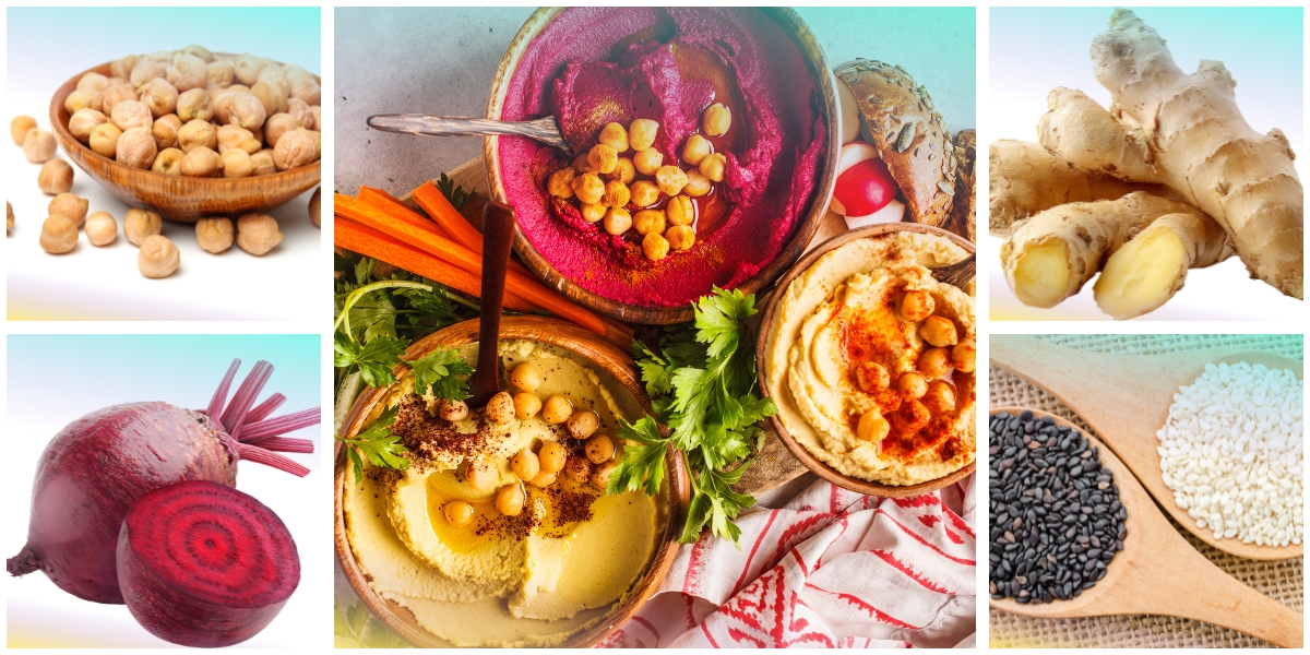 Tris di paté vegetali: hummus, crema di rape rosse e zenzero, paté al sesamo nero