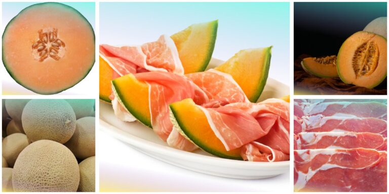 Mosaico con prosciutto crudo e melone cantalupo: fette di melone avvolte nel prosciutto al centro, melone tagliato e prosciutto in fette sui lati