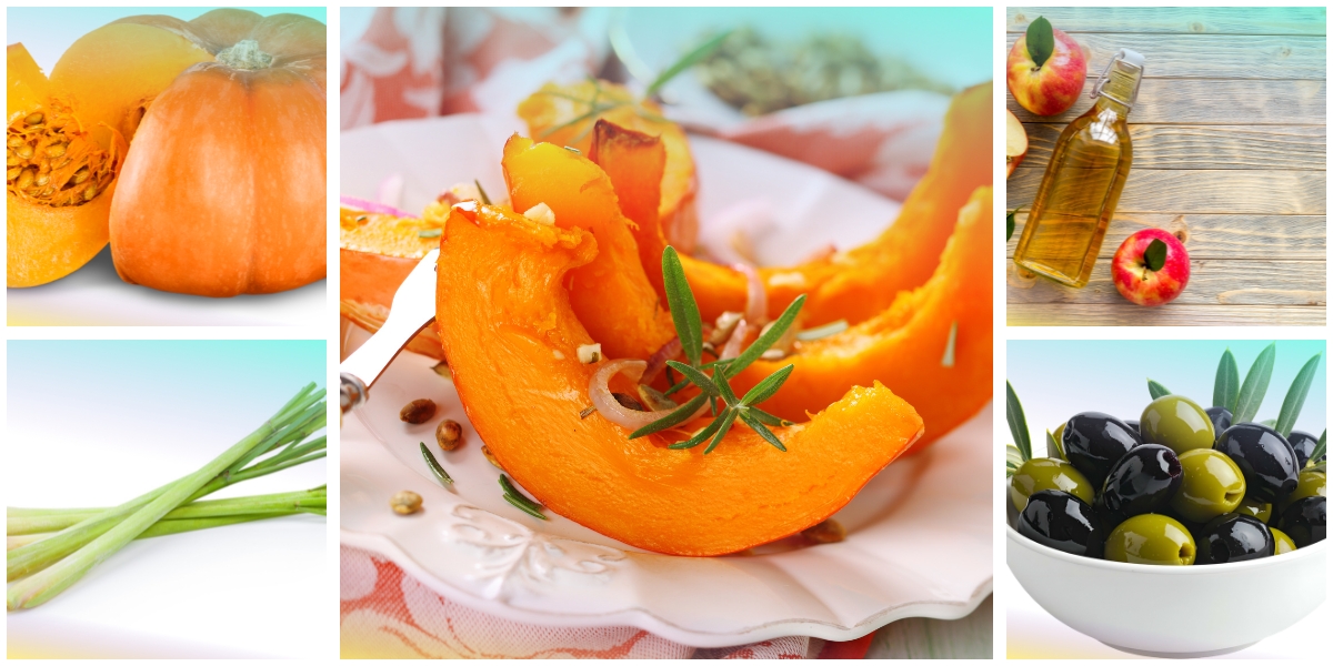 Zucca in agrodolce e citronella, con zucca gialla, citronella, aceto di mele e olive nere