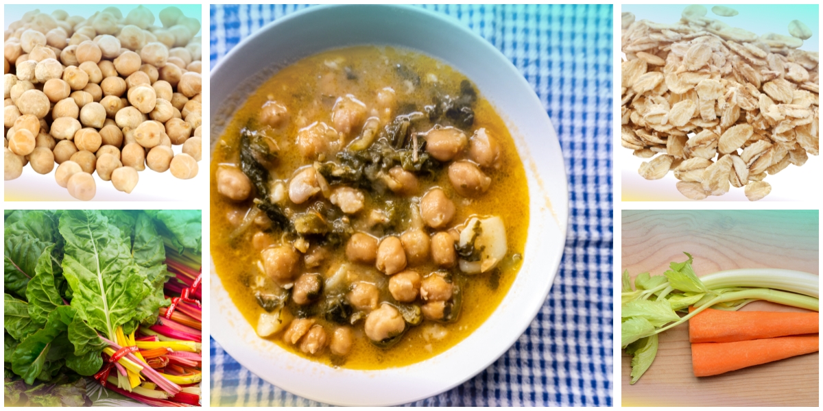Zuppa di ceci, avena e bietole, con ceci, avena, bietole, carote e sedano